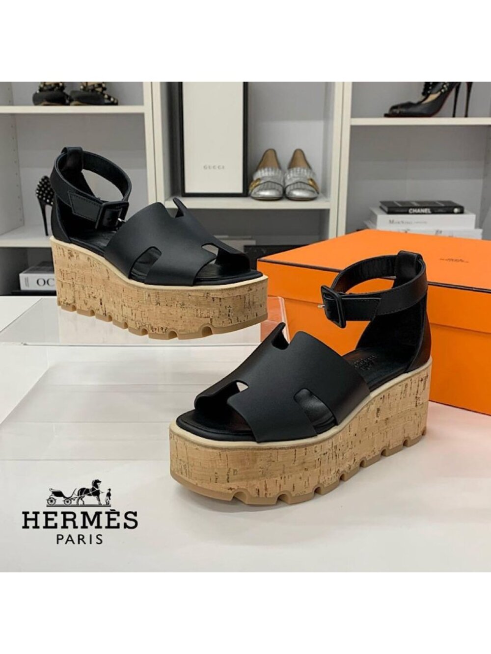 Hermes Leather Cork Platform Strap Sandals